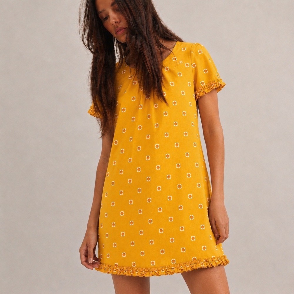Orla Kiely Retro Floral Shift Dress Womens Size 1 Yellow Mod Ruffle Cotton